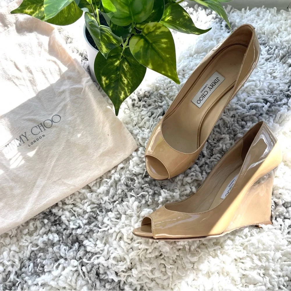 Jimmy Choo Beige Patent Leather Peep-Toe Wedge